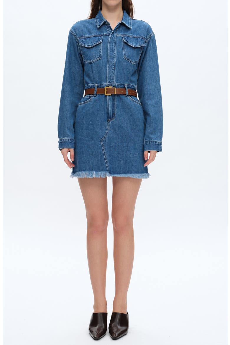 Resa Long Sleeve Fray Hem Denim Mini Shirtdress, Main, color, MEDIUM BLUE