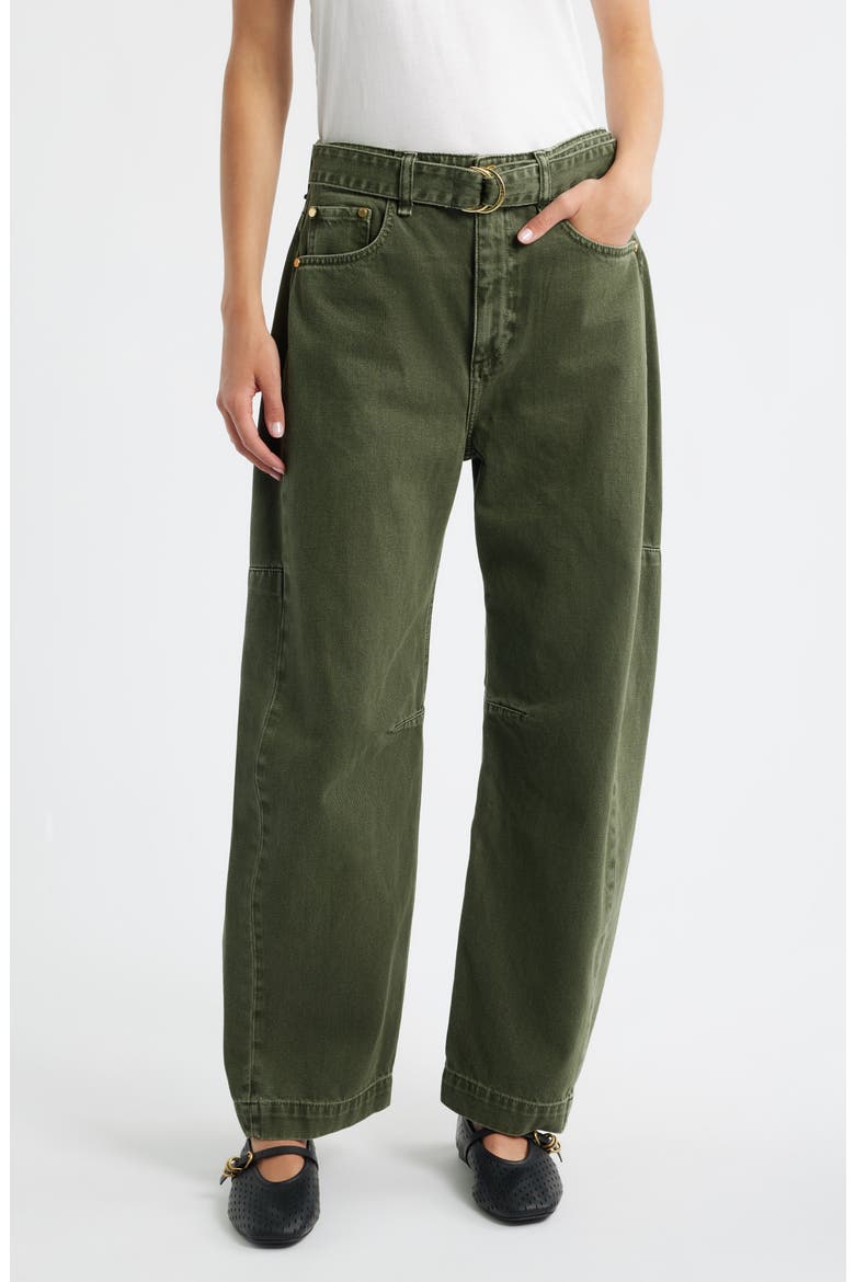 Charlie Belted Super High Waist Ankle Barrel Jeans, Main, color, DARK OLIVE STONE