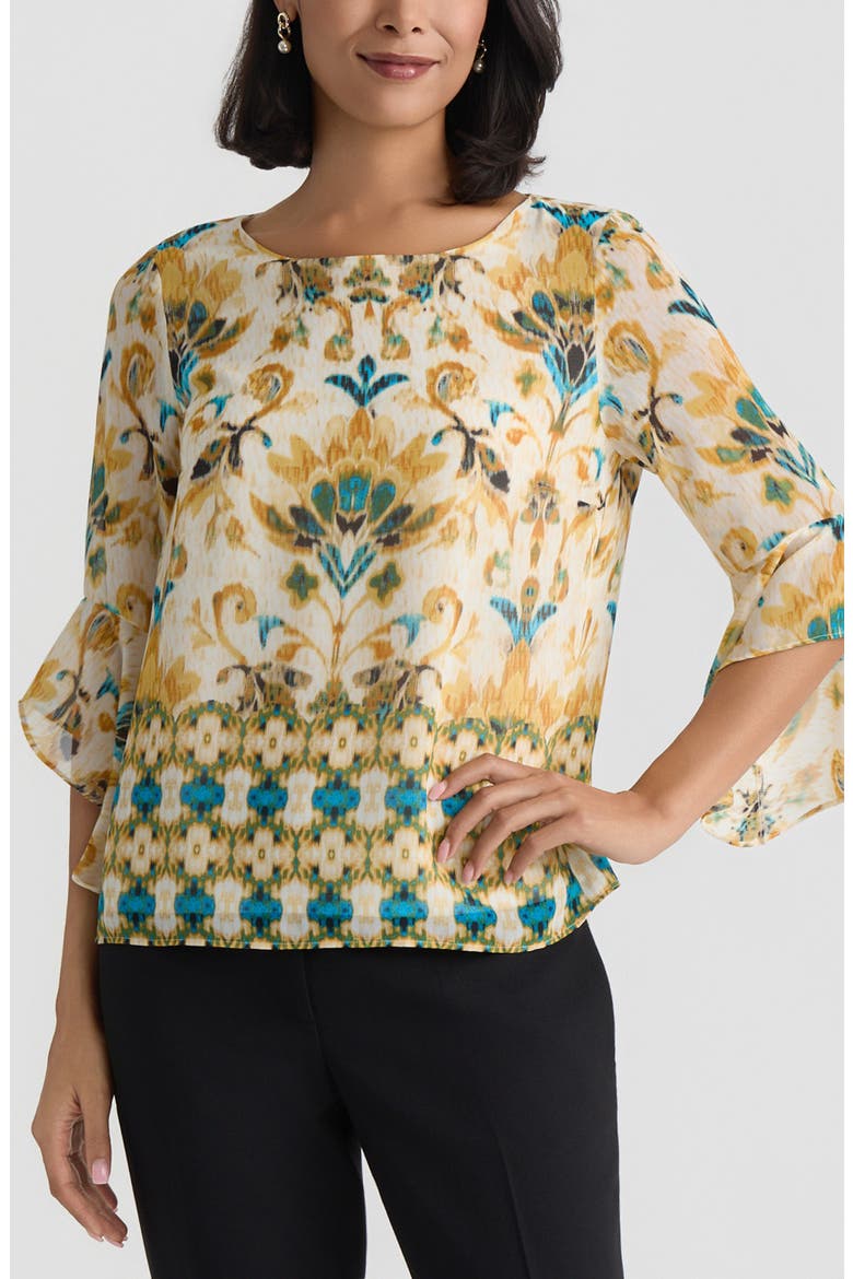 Border Print Ruffle Sleeve Top, Main, color, BUTTERSCOTCH MULTI