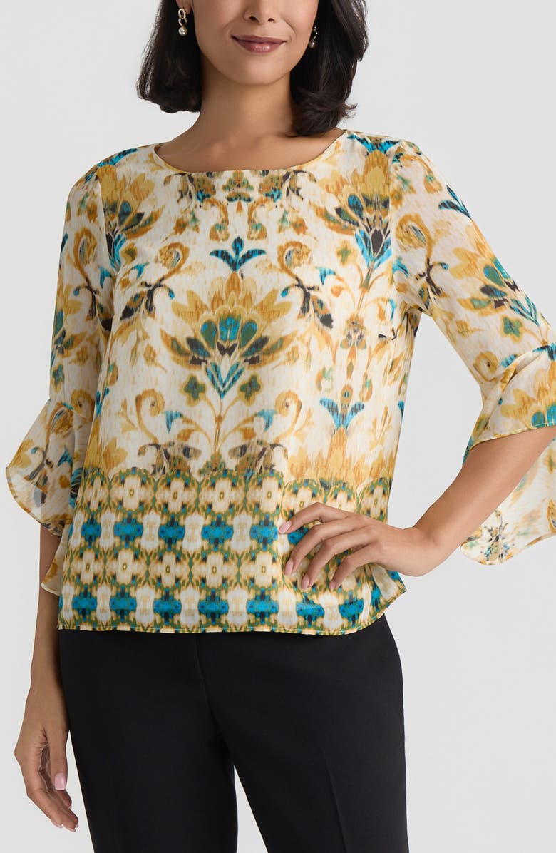 KASPER Border Print Ruffle Sleeve Top, Main, color, Butterscotch Multi