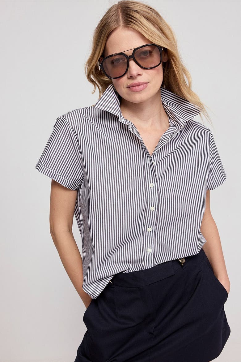 The Boxy Cropped Short Sleeve Shirt, Alternate, color, Black Stripe