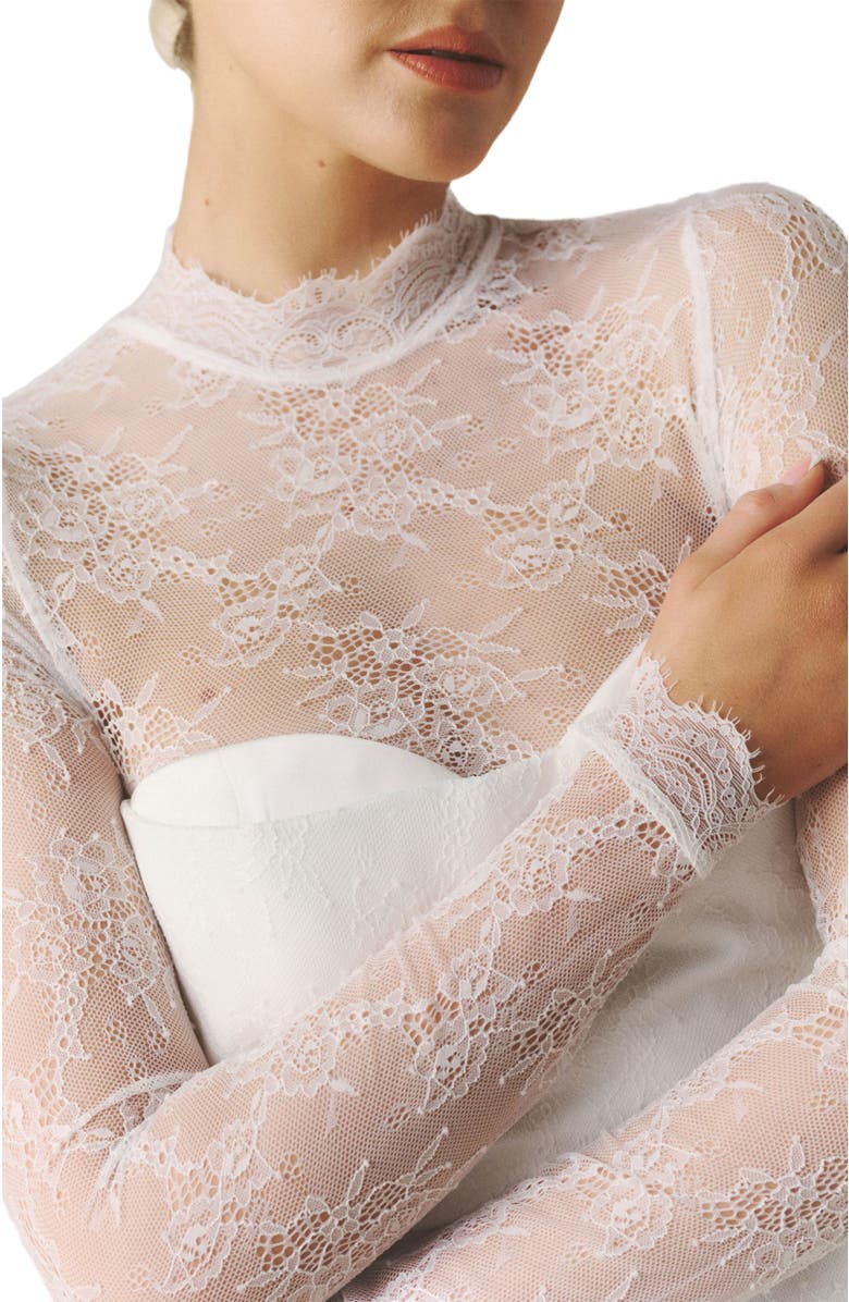 Six Stories Lace Sleeve Cup Detail Midi Dress, Alternate, color, White