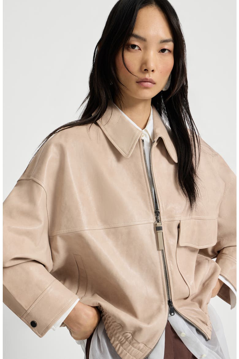 Glossy nappa leather outerwear jacket, Alternate, color, Beige