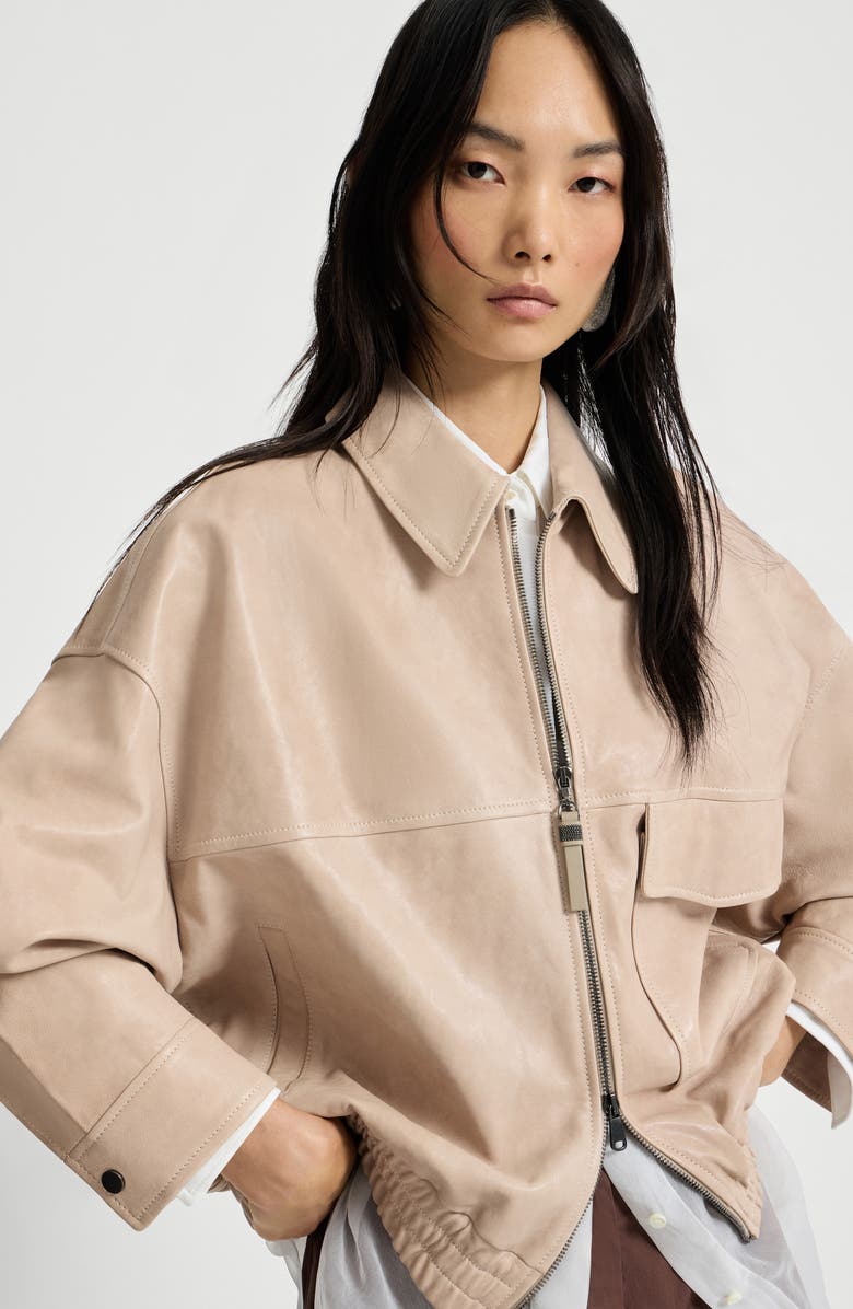 Brunello Cucinelli Glossy nappa leather outerwear jacket, Alternate, color, Beige