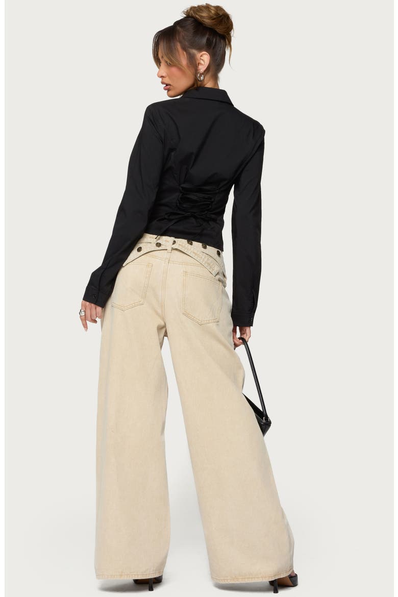 Button Strap Low Rise Baggy Wide Leg Jeans, Alternate, color, BEIGE