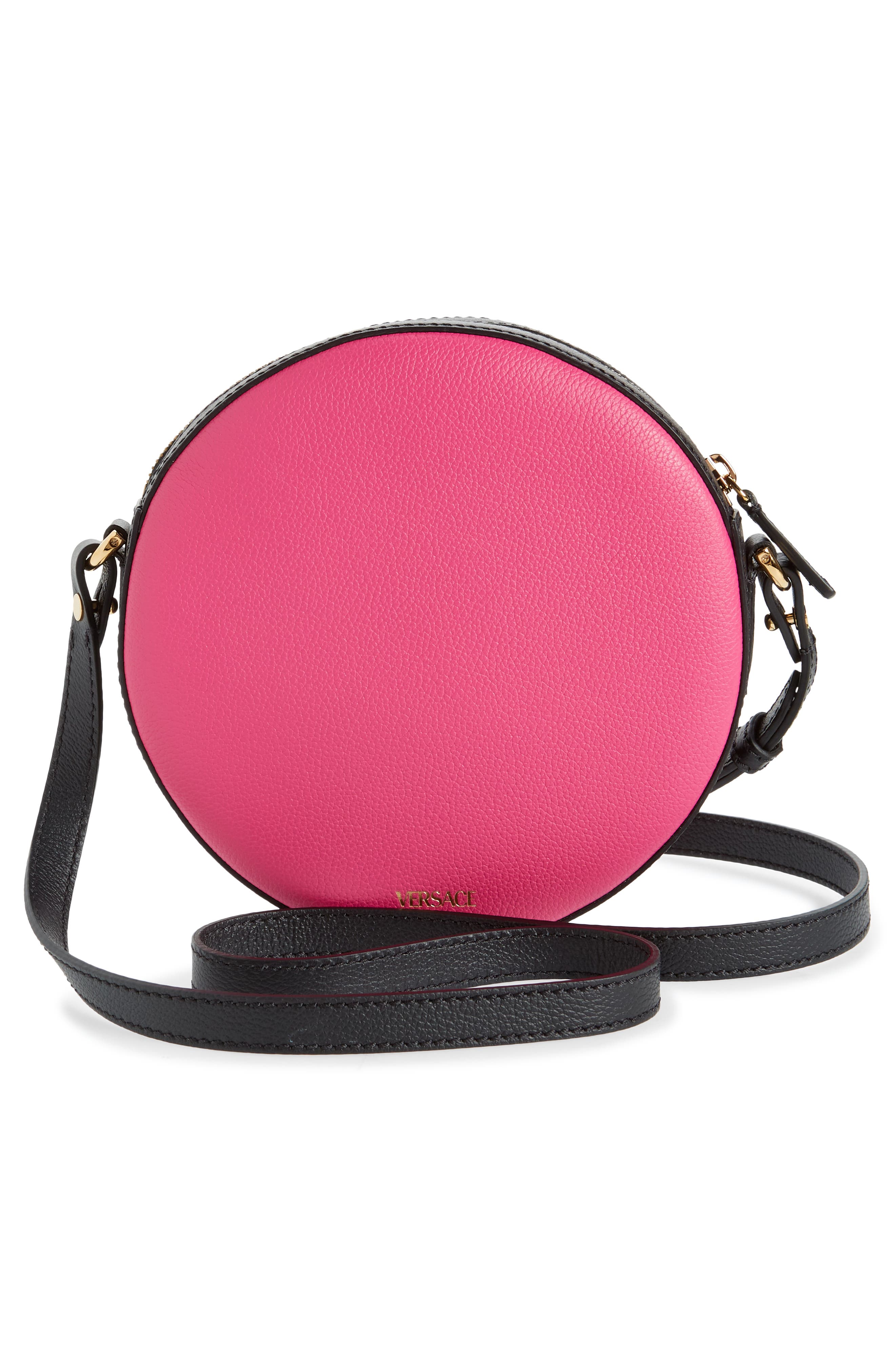 Medusa Chain Round Crossbody Camera Bag, Alternate, color, FUXIA BLACK-VERSACE GOLD