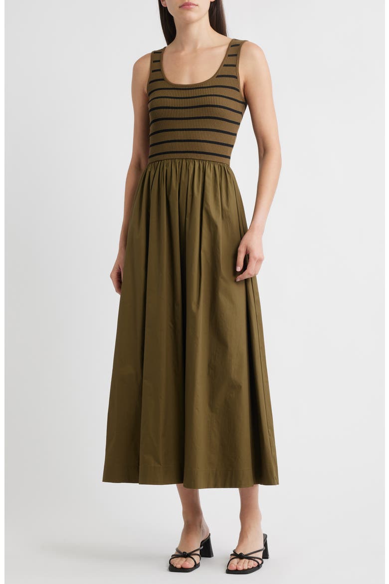 Stripe Mixed Media Stretch Cotton Tank Maxi Dress, Main, color, OLIVE/ BLACK