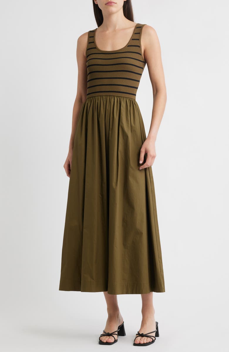 MOON RIVER Stripe Mixed Media Stretch Cotton Tank Maxi Dress, Main, color, Olive/ Black
