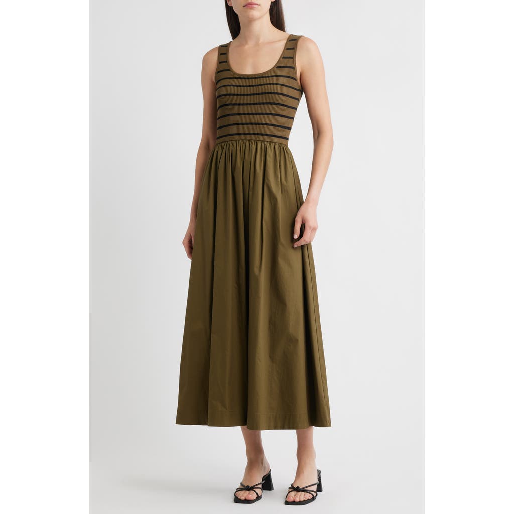 Moon River Stripe Mixed Media Stretch Cotton Tank Maxi Dress In Green