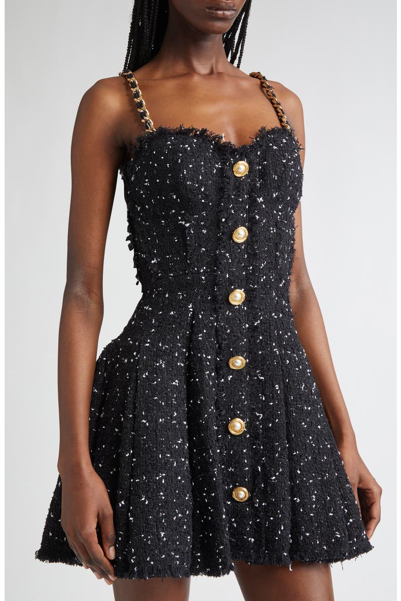 Chain Strap Polka Dot Tweed Fit & Flare Dress, Alternate, color, BLK/ WHITE