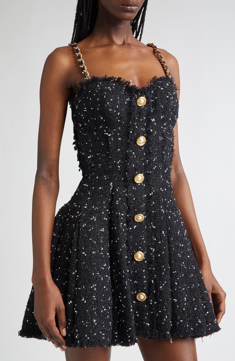 Balmain Chain Strap Polka Dot Tweed Fit & Flare Dress, Alternate, color, Blk/ White