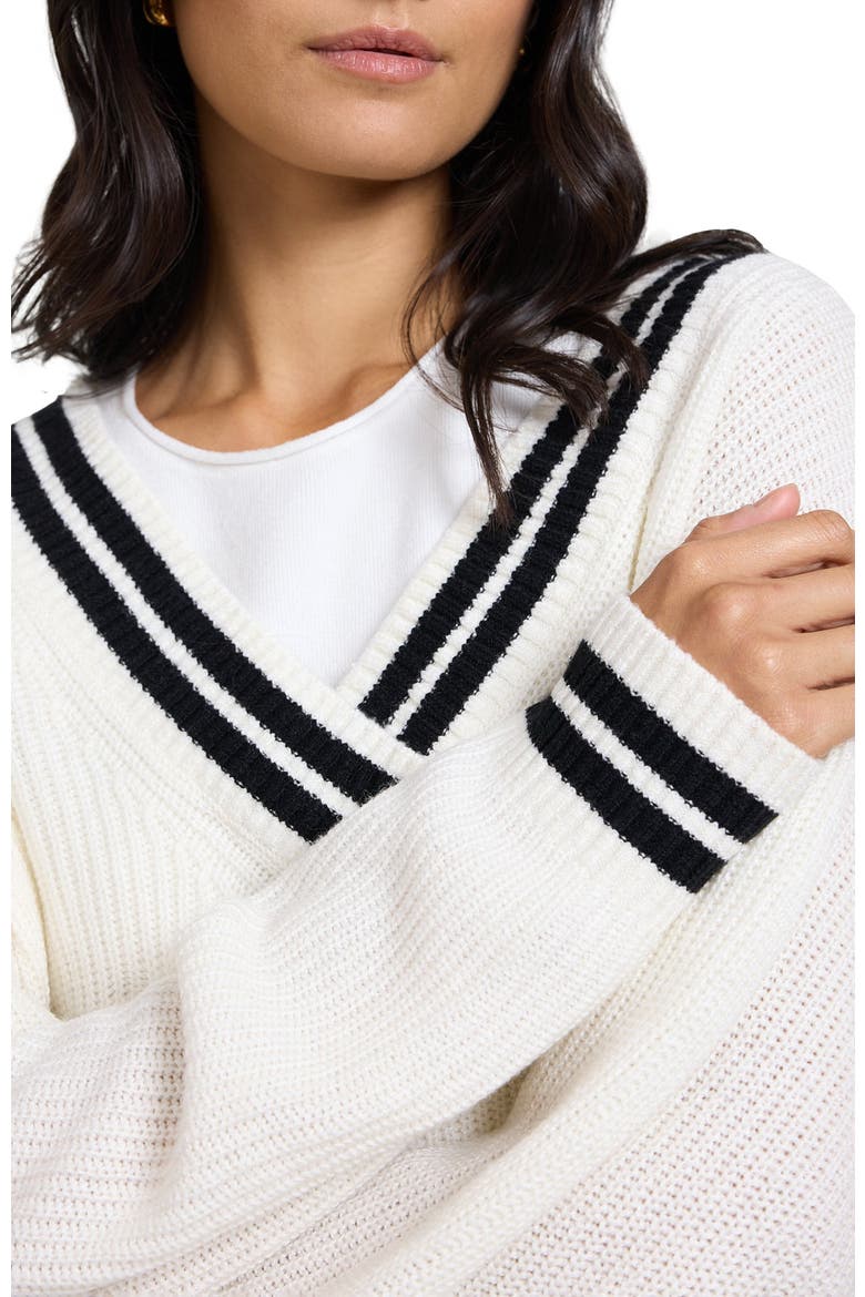 Deep V-neck Varsity Pullover Sweater, Alternate, color, OFF WHITE/BLACK