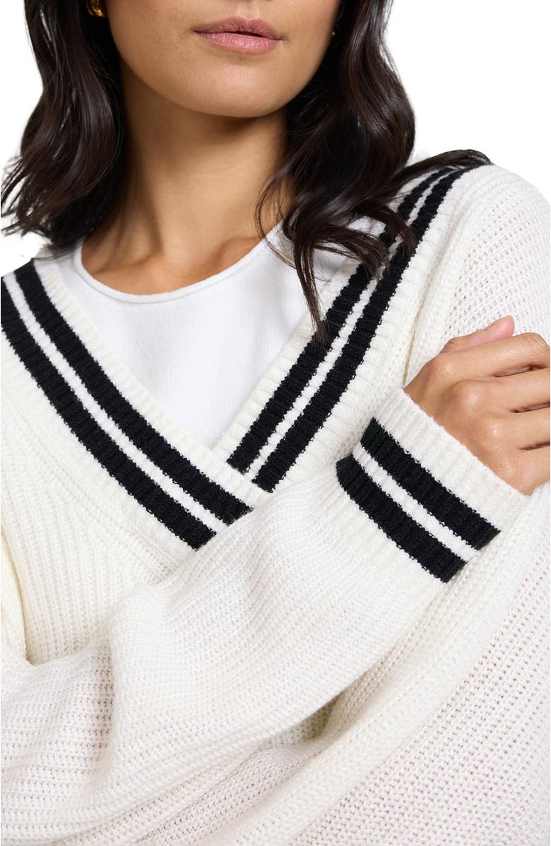 Onia Deep V-neck Varsity Pullover Sweater, Alternate, color, Off White/Black