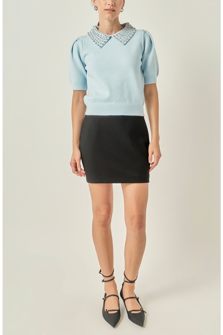 Rhinestone Collar Puff Sleeve Sweater, Alternate, color, ICY BLUE