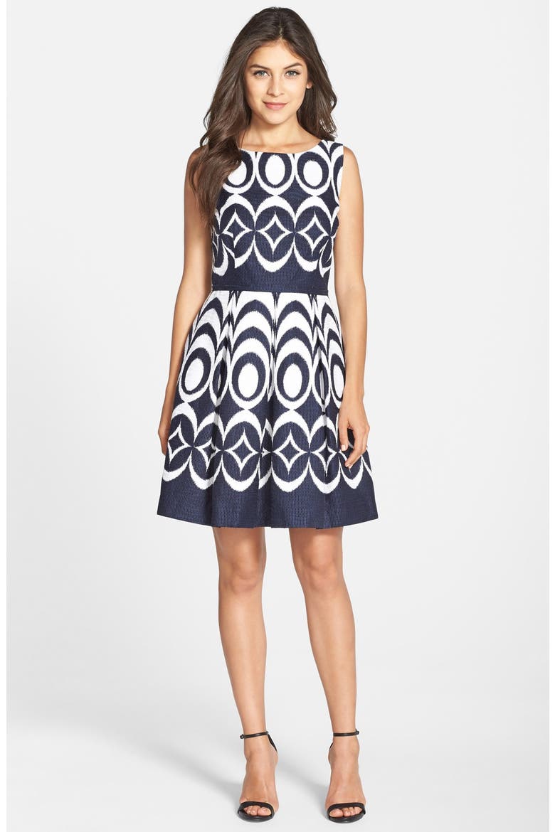 Cotton Jacquard Fit & Flare Dress, Alternate, color, INK/ WHITE