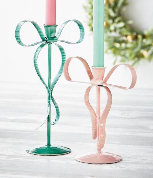 Tag Very Merry Bow Taper Holder Small Pink Candle Holder In Pink