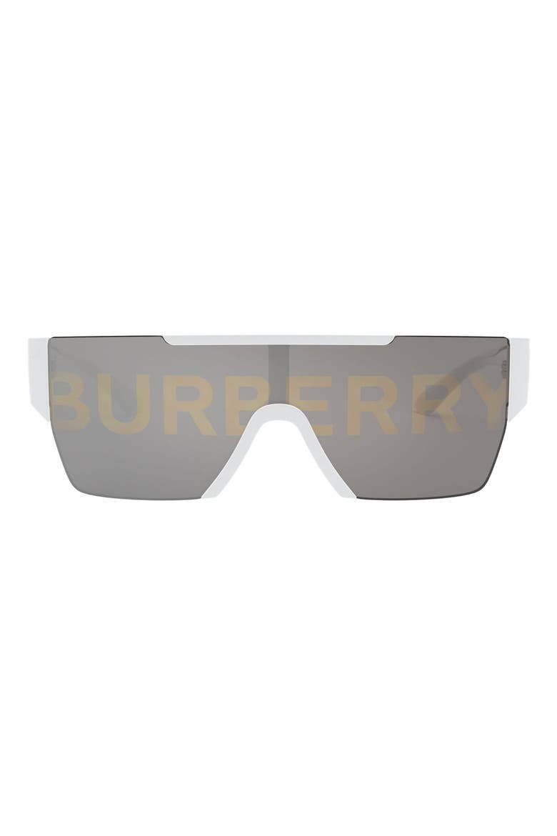 38mm Shield Sunglasses, Main, color, WHITE/GRY BURBERRY SLVR/GOLD