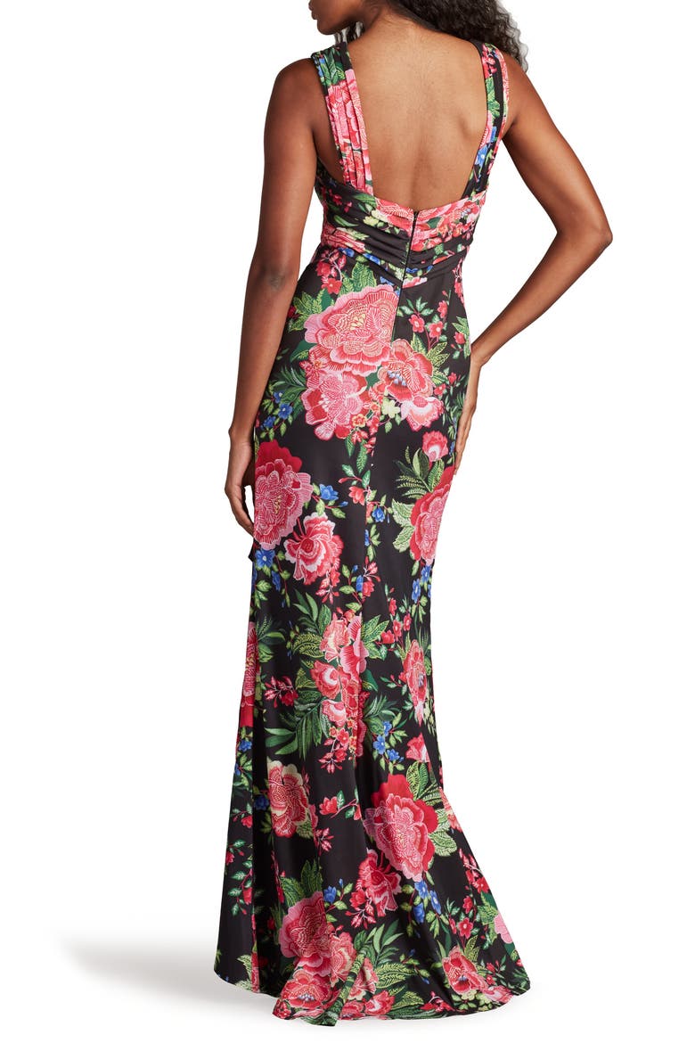 Twist Front Pleated Mermaid Gown, Alternate, color, BLACK/ FUCHSIA FLORAL