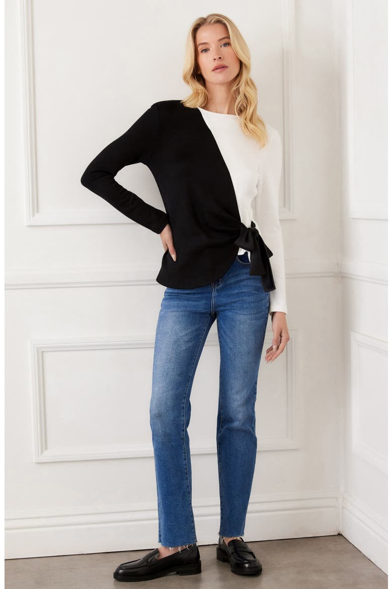 Colorblock Satin Bow Crossover Hem Knit Top, Alternate, color, BLACK/ IVORY