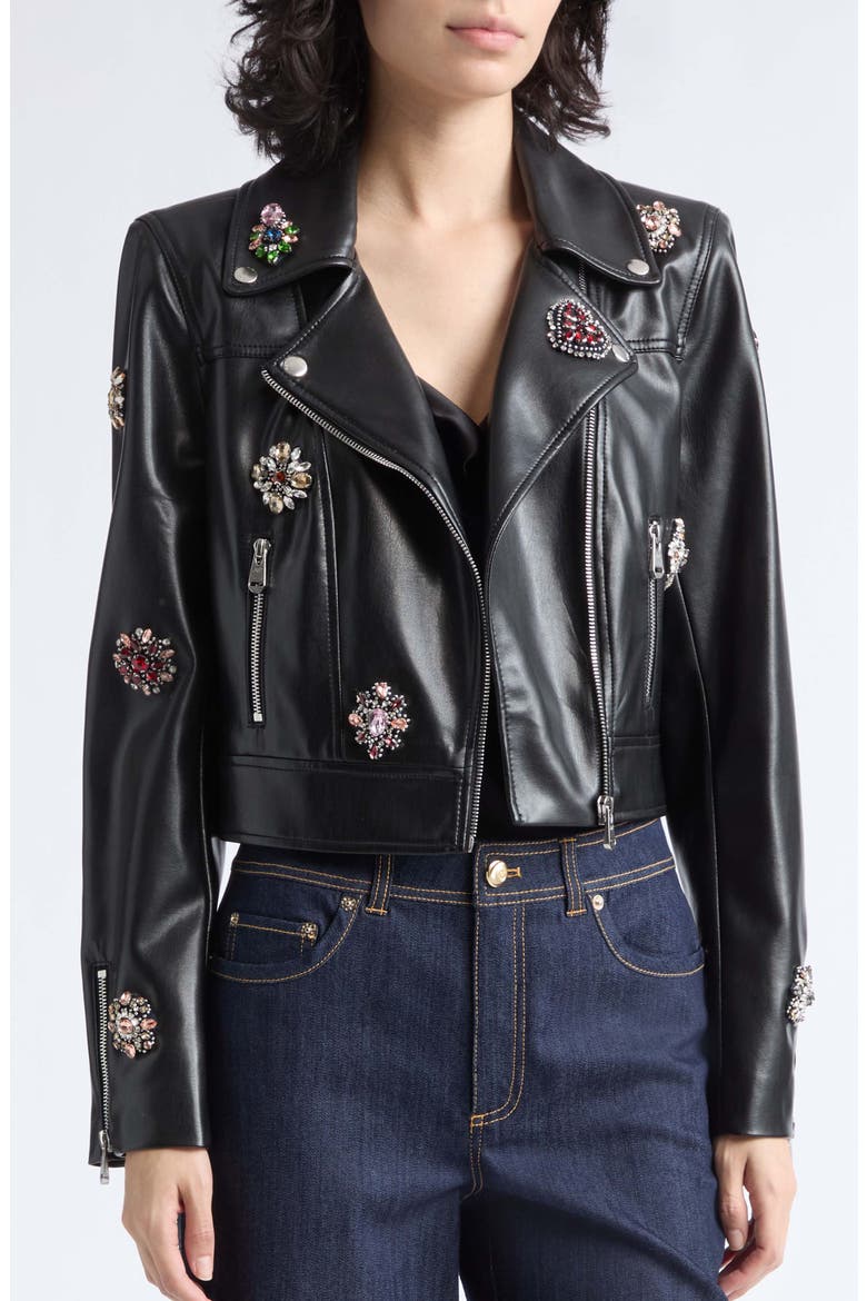 Genevieve Baroque Patches Faux Leather Moto Jacket, Alternate, color, BLACK MULTI