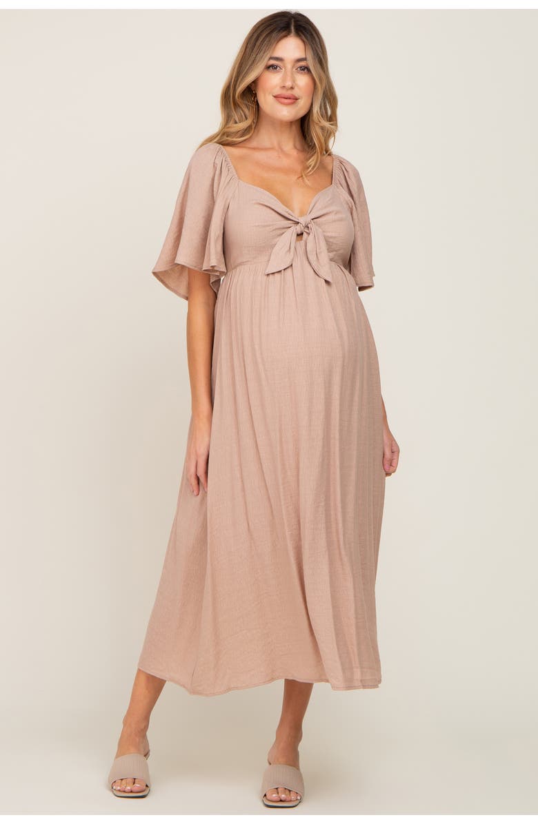 PinkBlush Front Tie Ruffle Sleeve Midi Dress, Main, color, Mocha