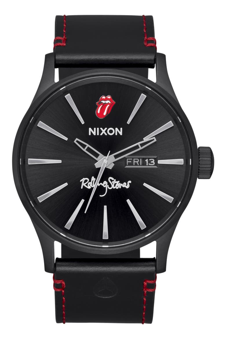 x Rolling Stones Sentry Leather Strap Watch, 42mm, Main, color, ALL BLACK