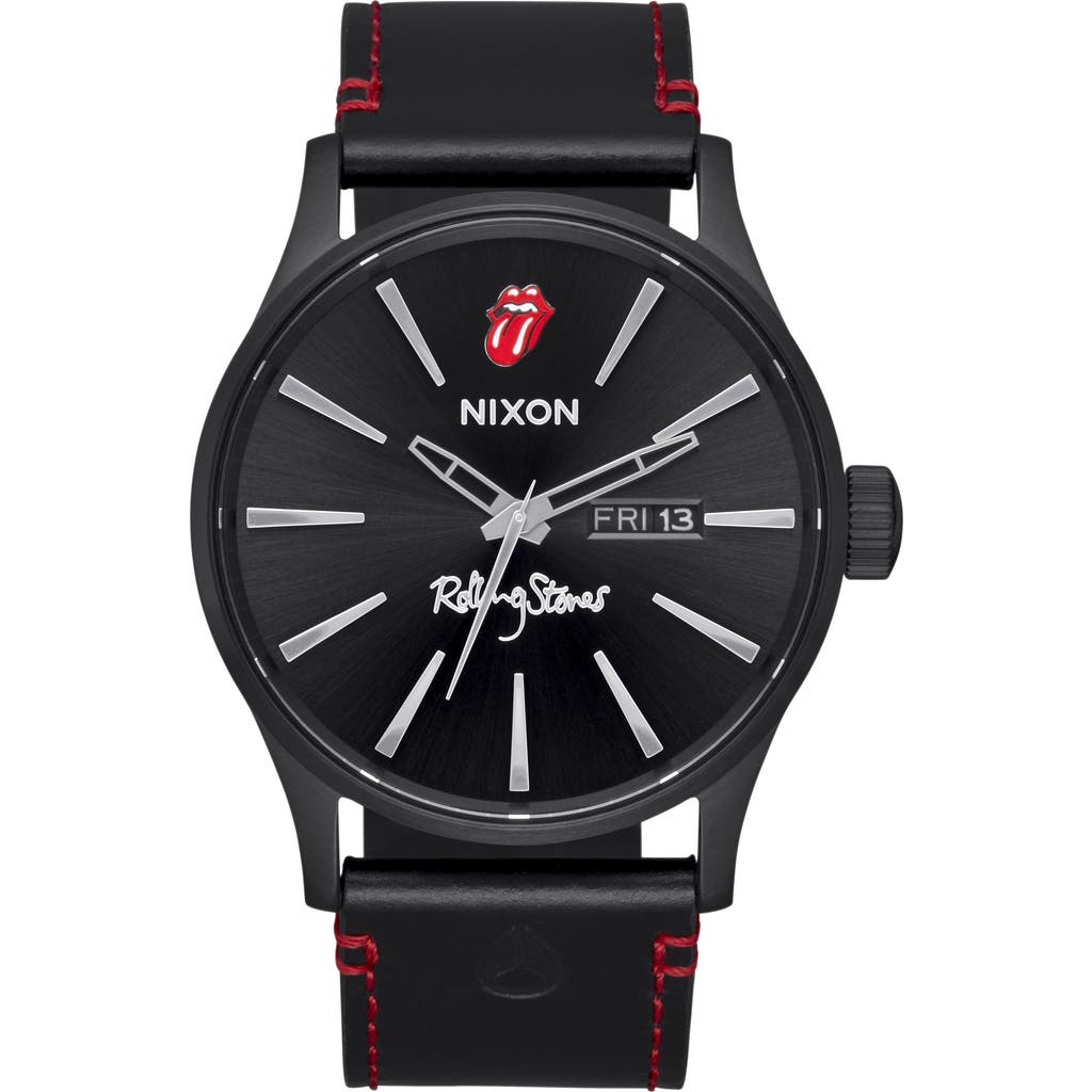 Nixon x Rolling Stones Sentry Leather Strap Watch, 42mm in All Black at Nordstrom Rack