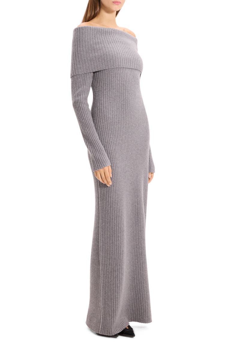 Off the Shoulder Long Sleeve Rib Wool & Cashmere Maxi Dress, Alternate, color, GREY HEATHER