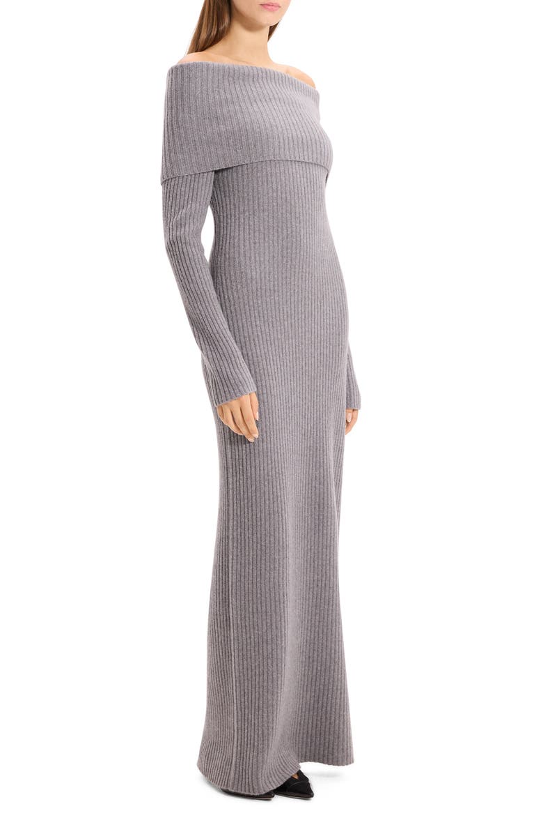 Theory Off the Shoulder Long Sleeve Rib Wool & Cashmere Maxi Dress, Alternate, color, Grey Heather