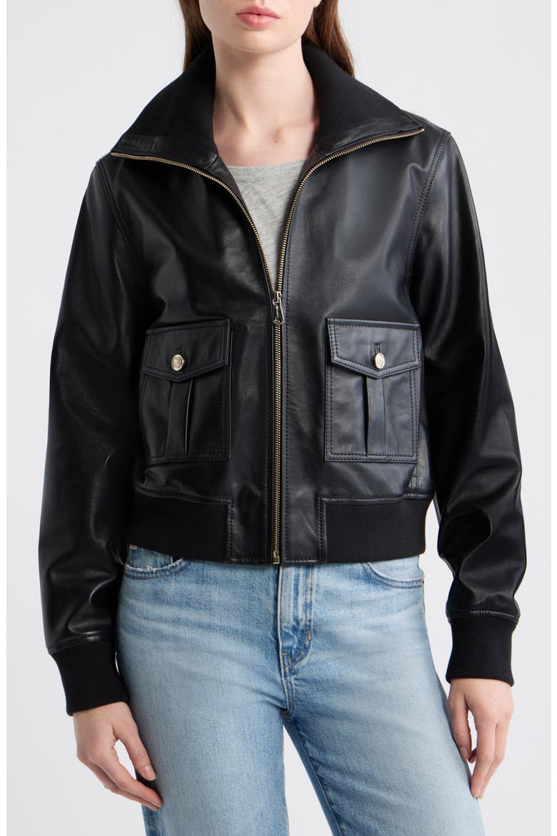 Short Leather Jacket, Alternate, color, BLACK
