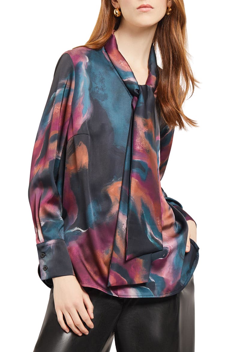 Tie Neck Crêpe de Chine Blouse, Main, color, MARINE TEAL/AFRICAN VIOLET