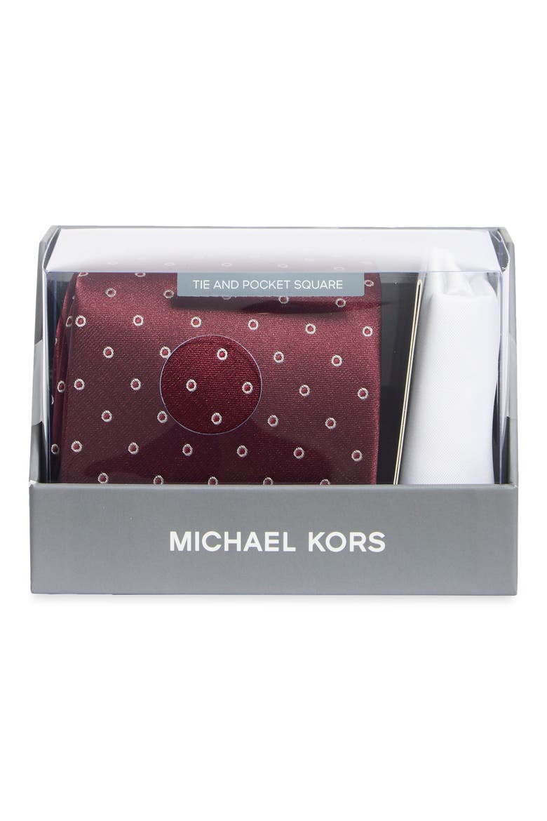 Kemble Dot Tie & Pocket Square Set, Main, color, BURGUNDY