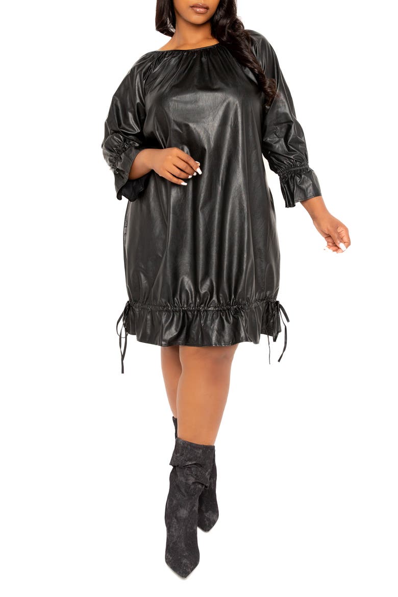 Drawstring Hem Faux Leather Shift Dress, Alternate, color, BLACK