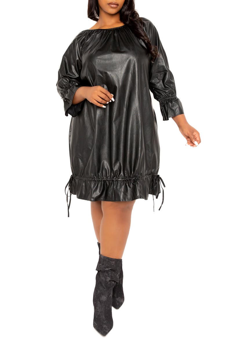 BUXOM COUTURE Drawstring Hem Faux Leather Shift Dress, Alternate, color,