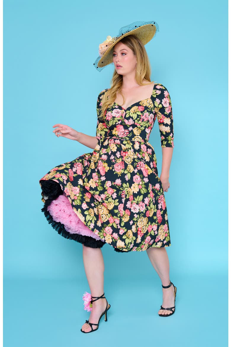 Woven Sweetheart Neckline Lamar Swing Dress, Alternate, color, Black Floral Print