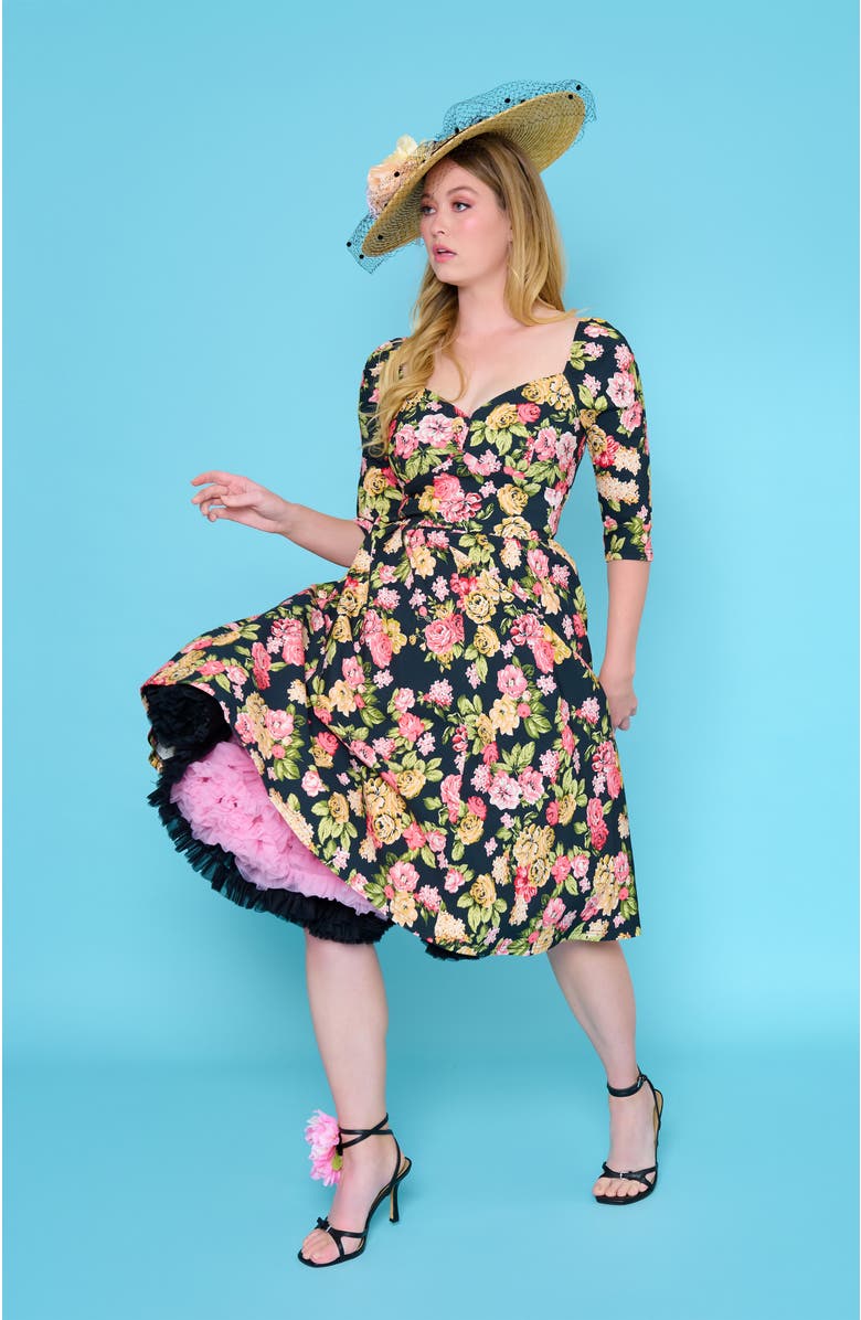Unique Vintage Woven Sweetheart Neckline Lamar Swing Dress, Alternate, color, Black Floral Print