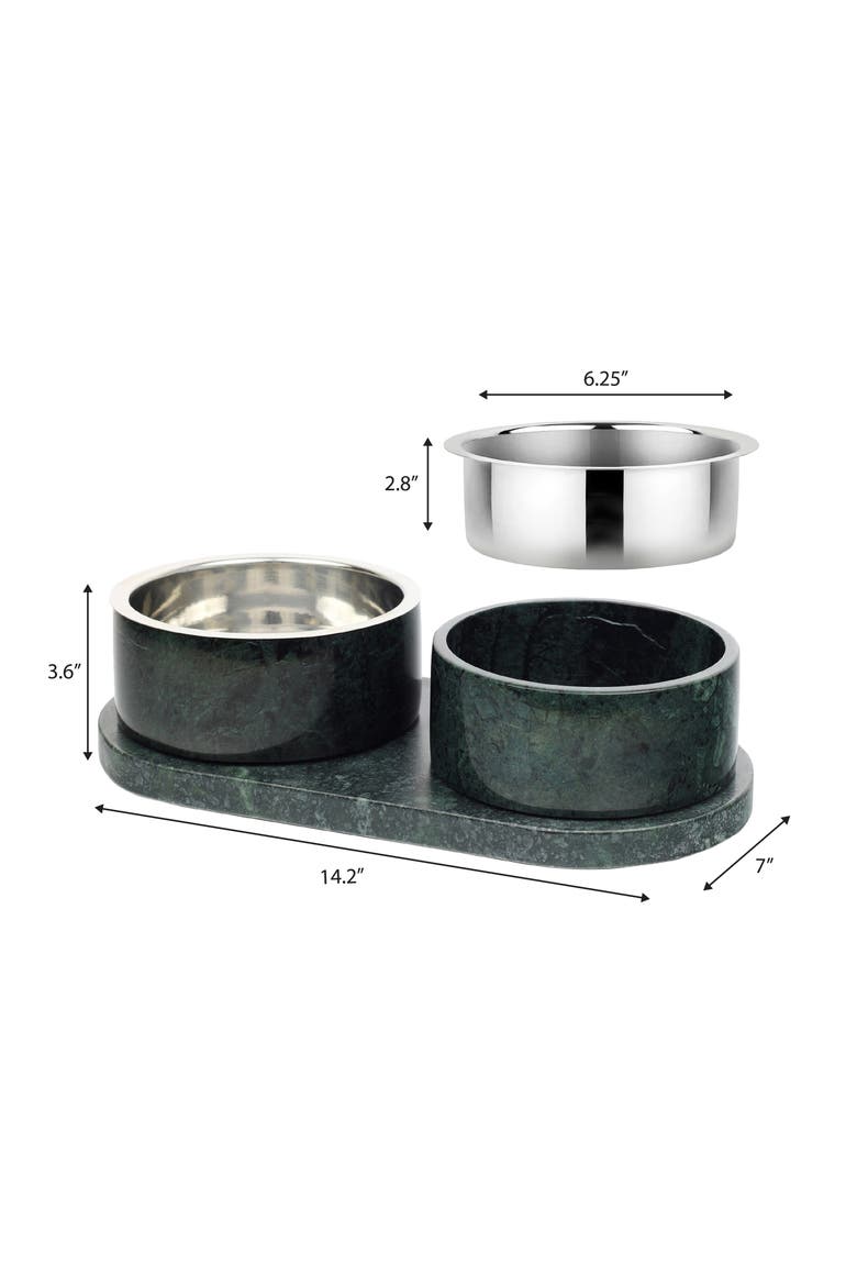 Marbre Modern Weighted Double Marble and Stainless Steel Bowl Feeder with Non-Slip Marble Tray Set, Alternate, color, Green
