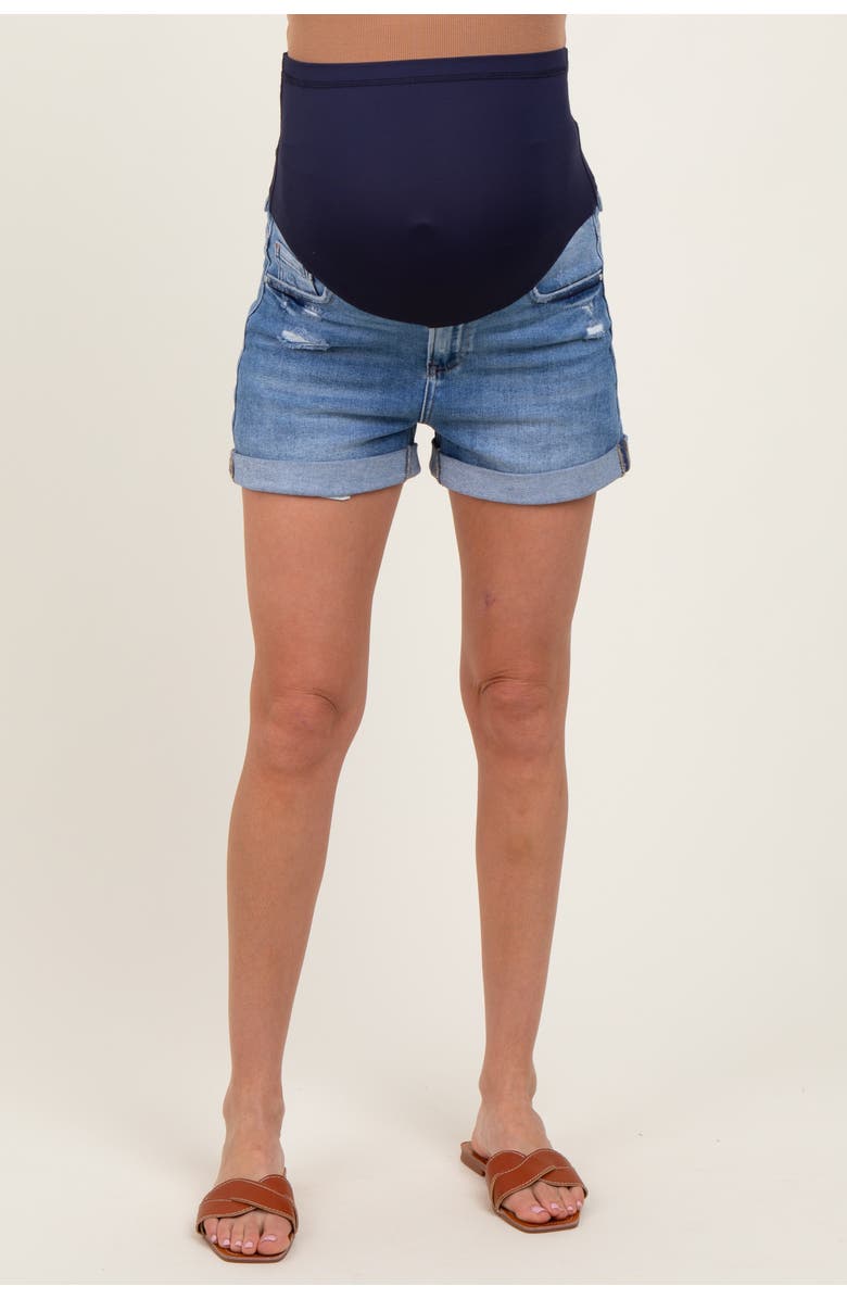 PinkBlush Distressed Rolled Cuff Maternity Jean Shorts, Alternate, color, Navy Blue