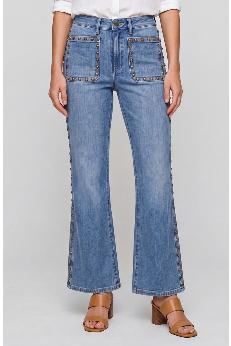 Hannah Studded Pocket Flare Jeans, Main, color, BRONZED BLUE