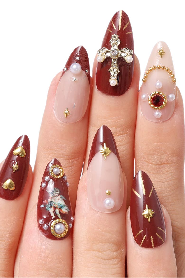 Burgundy Cherub Red French Tip Press On, Alternate, color, Red