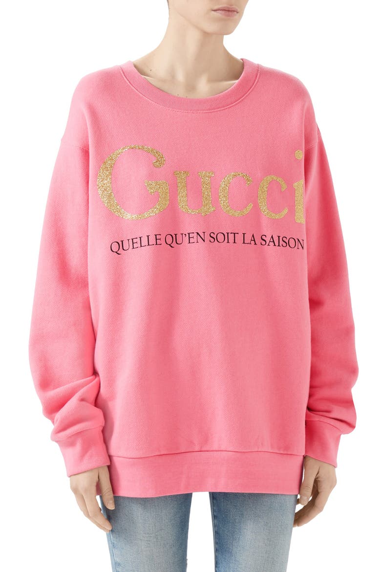 La Saison Glitter Logo Cotton Sweatshirt, Main, color, ROSE BUD/ MULT