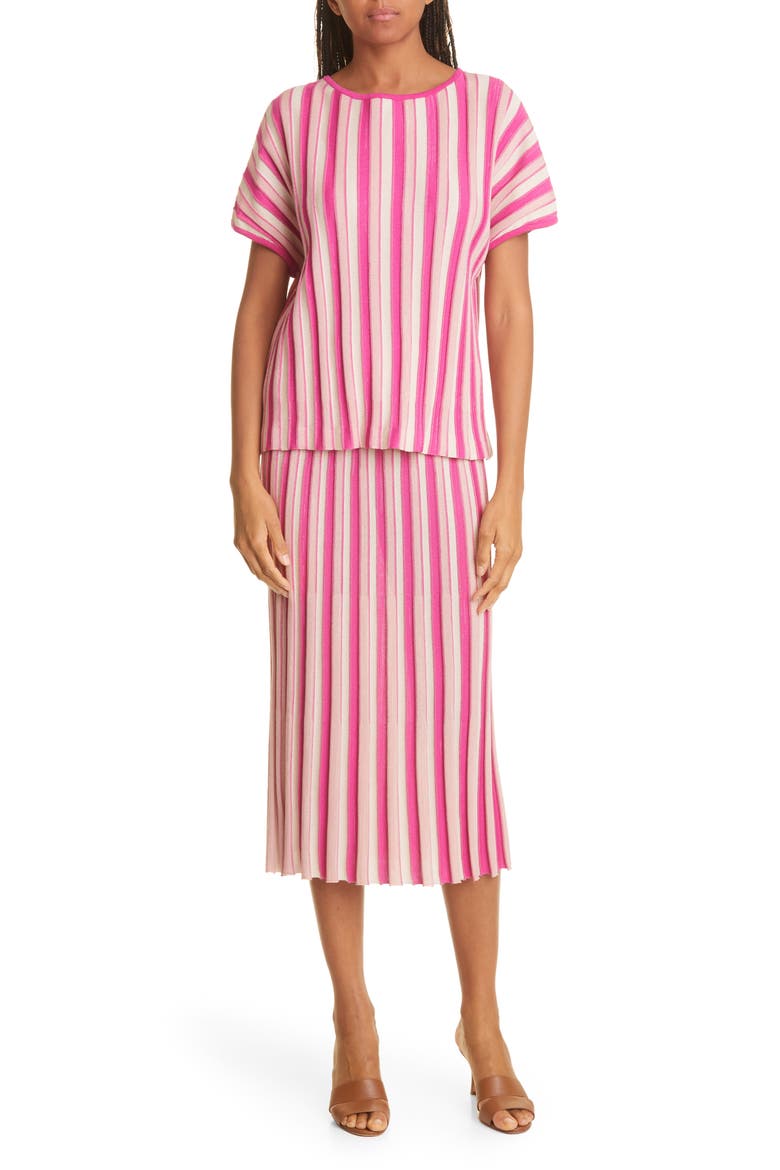 Bold Vertical Stripe Short Sleeve Sweater, Alternate, color, WILDBERRY PINK/ BISCOTTI