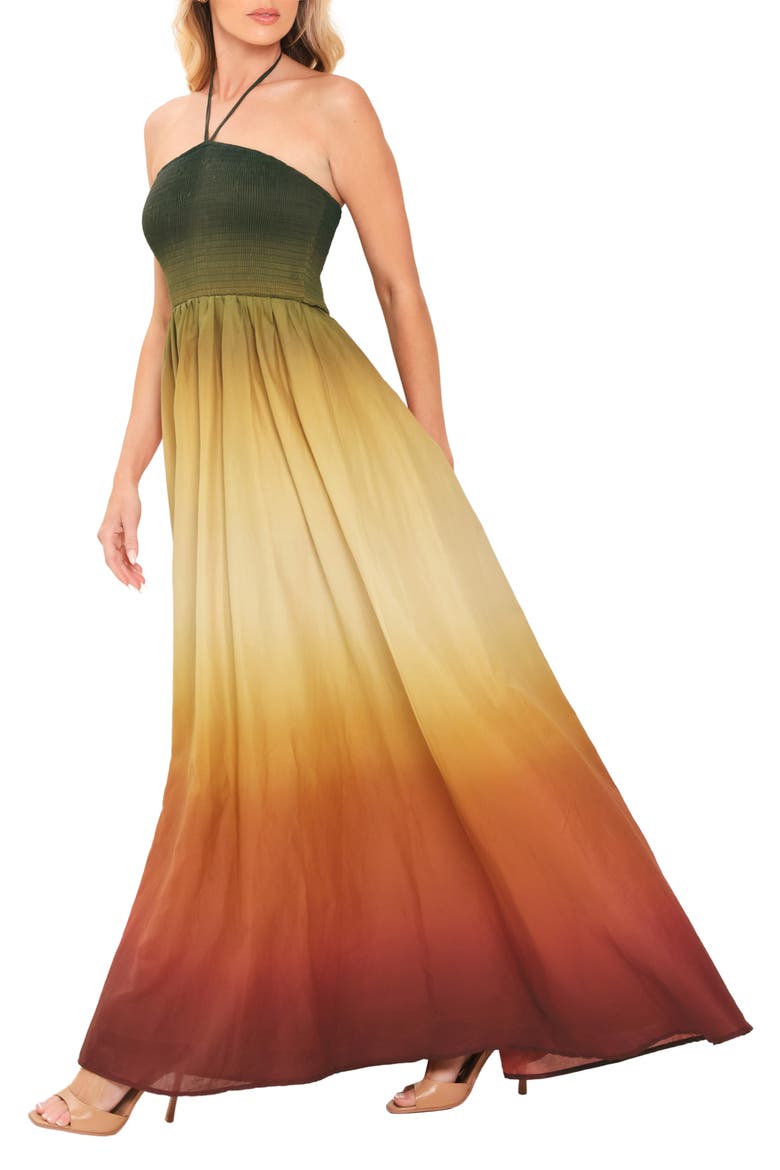 Ombré Halter Neck Cotton Maxi Dress, Alternate, color, OLIVE RUST