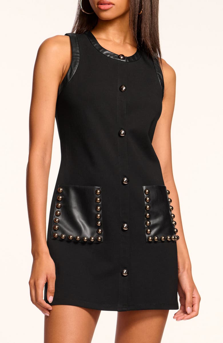 Ramy Brook Bryanna Stud Sleeveless Faux Leather Trim Minidress, Alternate, color, Black Ponte