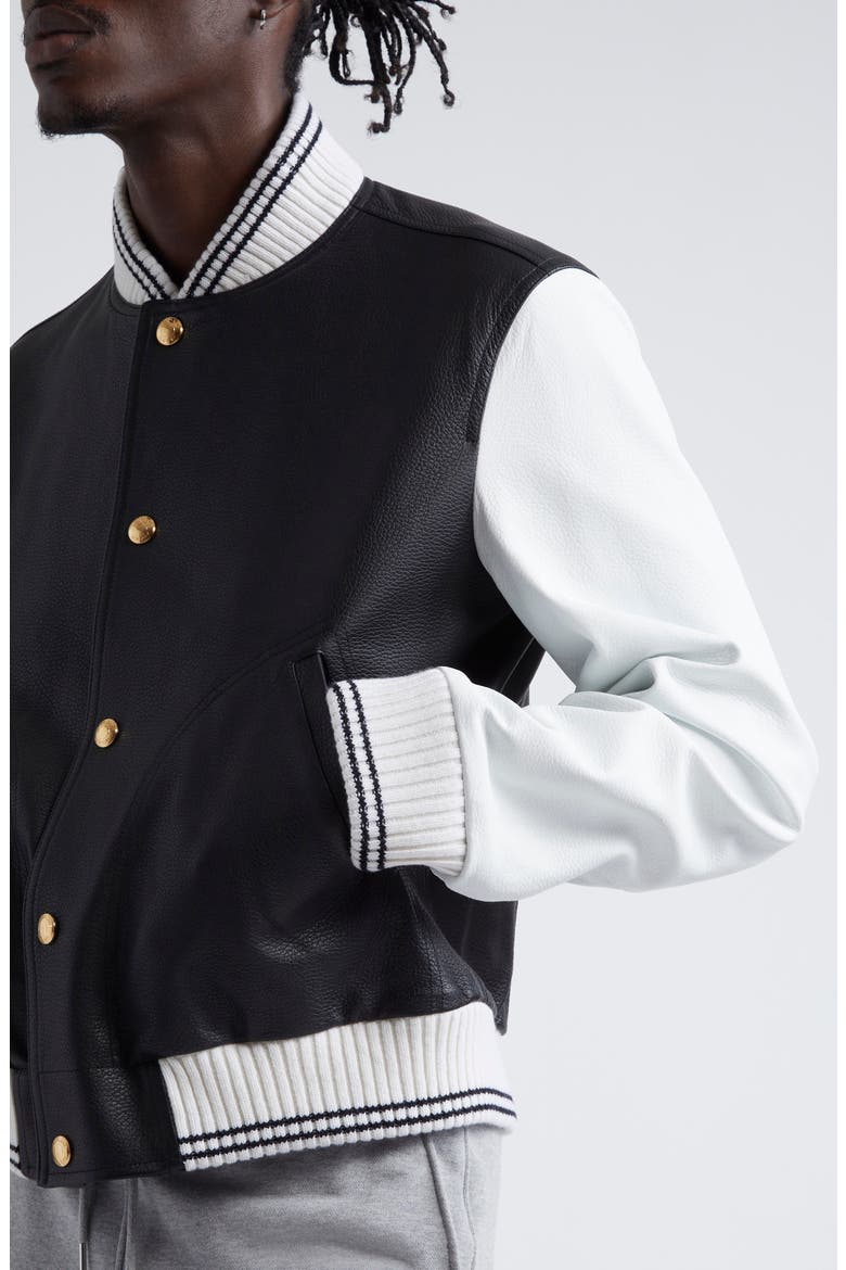 Mixed Media Leather & Wool Bomber Jacket, Alternate, color, BLACK
