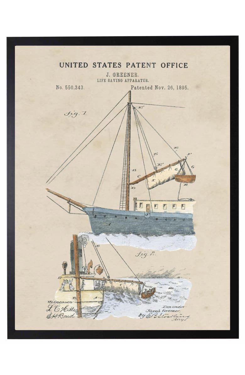 Antique Curiosities Life Saving Apparatus Patent in Black Frame, Main, color, NO COLOR