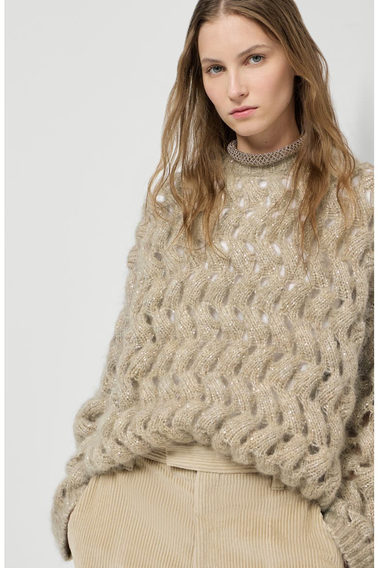 Dazzling zigzag cables sweater in mohair and wool, Alternate, color, Sand