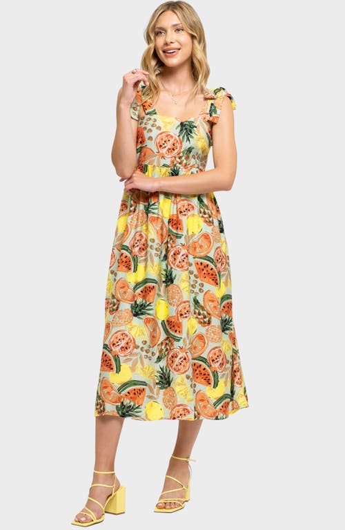 August Sky Fruit Print Tie Strap Midi Sundress In Multi