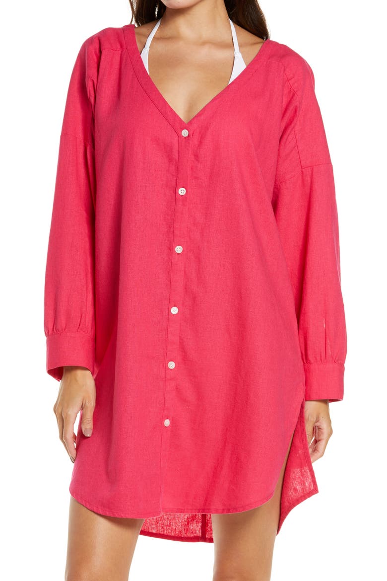 Oversize Linen Blend Cover-Up Shirt, Main, color, PINK BRIGHT