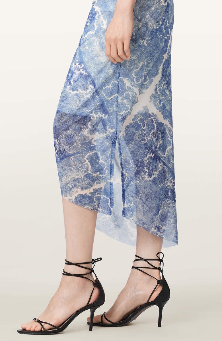 AllSaints Ulla Paisley Print Ruched Asymmetric Hem Midi Dress, Alternate, color, Joanne Blue